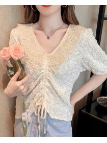 V-Neck Drawstring Lace Crochet Shirt