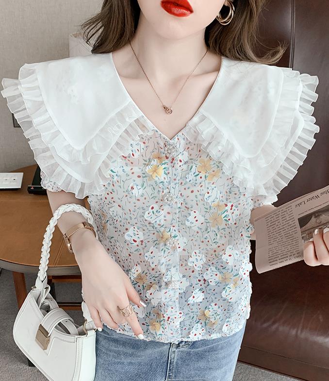 Sweet   Three-dimensional Petal Floral Shirt Female Summer Doll Collar All-match   Shirt