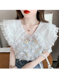 Sweet   Three-dimensional Petal Floral Shirt Female Summer Doll Collar All-match   Shirt