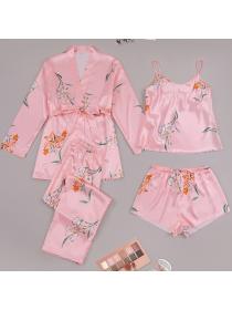 Outlet Silk floral print nightgown sling pajamas 4pcs set for women
