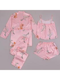 Outlet Silk floral print nightgown sling pajamas 4pcs set for women