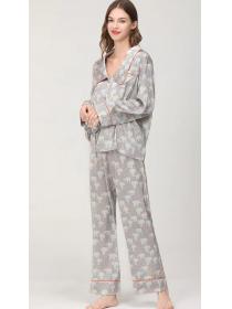 women's   ice silk long sleeve silk pajamas with polka dot pajamas