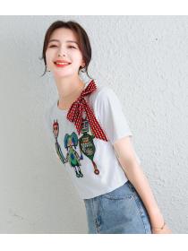 Embroidered Sequin Cartoon Lace-Up Bow Short Sleeve T-Shirt