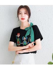 Embroidered Sequin Cartoon Lace-Up Bow Short Sleeve T-Shirt