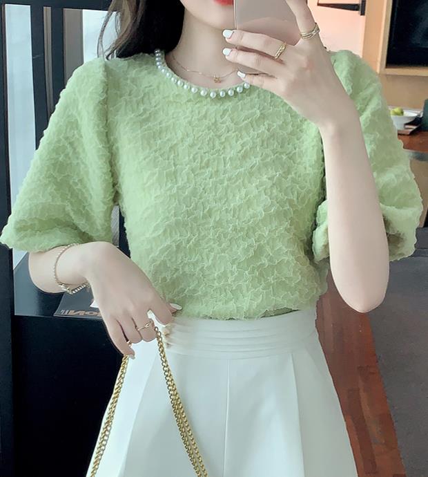 pleated french mid-sleeve chiffon shirt women's design pearl Top