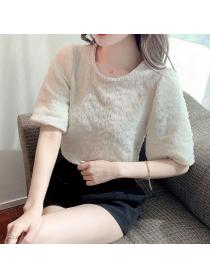 pleated french mid-sleeve chiffon shirt women's design pearl Top 
