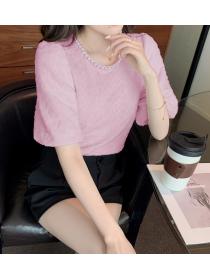 pleated french mid-sleeve chiffon shirt women's design pearl Top 