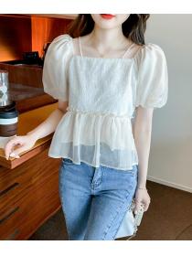 Sweet Square Neck Puff Sleeve Short Sleeve One Shoulder Tie Shirt