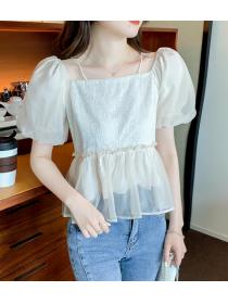 Sweet Square Neck Puff Sleeve Short Sleeve One Shoulder Tie Shirt