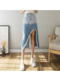 Outlet Gradient color slit denim skirt women's mid-length frayed A-line skirt