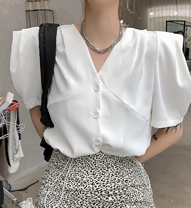 On Sale Puff Sleeve Pure Color Short Blouse