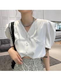 On Sale Puff Sleeve Pure Color Short Blouse 