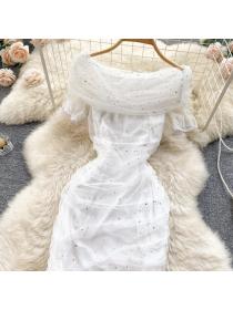 Outlet Vintage style Lace sequins gauze short sleeve dress