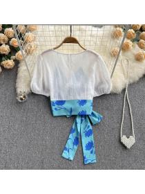Outlet Splice bow tops Korean fashion short sleeve chiffon shirt