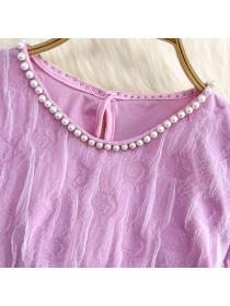 Outlet pearl collar chiffon shirt summer tops for women