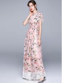 Lace patchwork printing seaside resort for self-cultivation  Dress