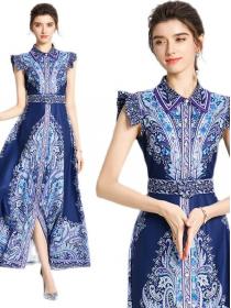 Vacation style full lotus leaf lace charming one shoulder lace print dress