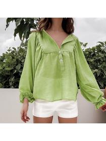 Outlet Summer new long-sleeved pullover breathable green casual cotton and linen shirt