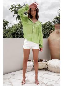 Outlet Summer new long-sleeved pullover breathable green casual cotton and linen shirt