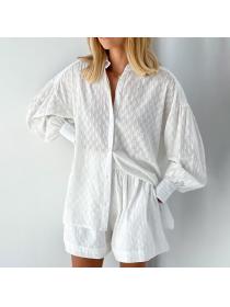 Outlet Summer new hollow long-sleeved shirt casual blouse Two pcs set