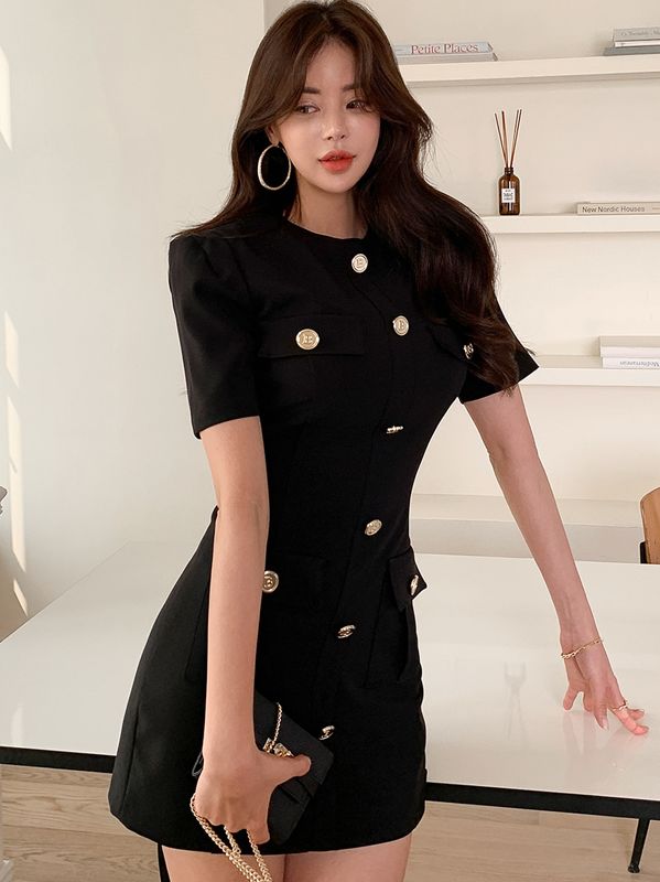 Korean Style OL temperament slim fashion simple short-sleeved hip-pack professional dress