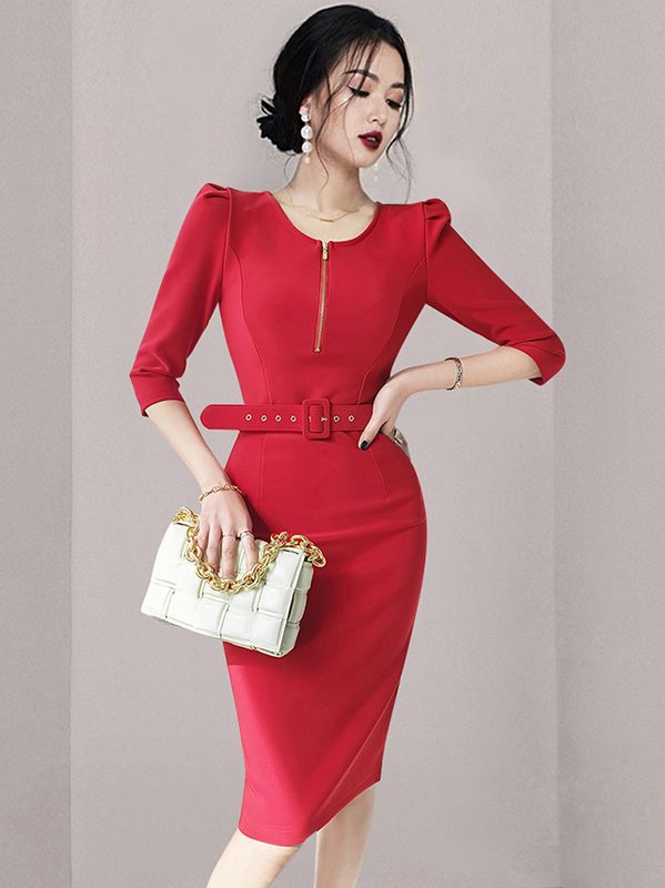 Korean style simple temperament slim mid-length professional dress