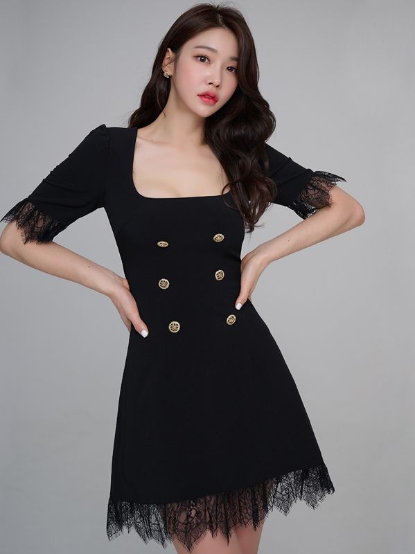 Korean style temperament slim double-breasted stitching lace fashion slim dress