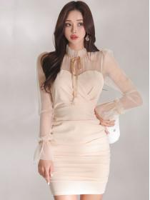 Korean  Style  temperament slim stitching mesh pleated bag hip slim fashion dress