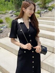 Korean style temperament slim   knitted single-breasted short-sleeved fashion dress