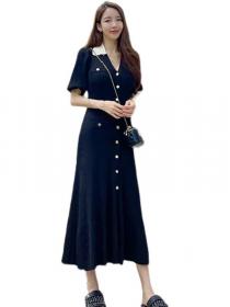 Korean style temperament slim   knitted single-breasted short-sleeved fashion dress