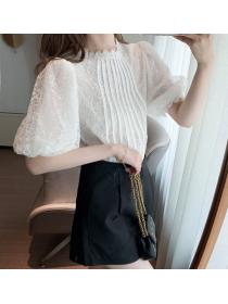Outlet Lace lantern sleeve Chiffon shirts round neck tops for women