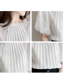 Outlet Lace lantern sleeve Chiffon shirts round neck tops for women