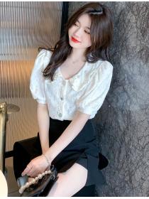 Outlet Short sleeve puff sleeve shirt summer beading chiffon shirt