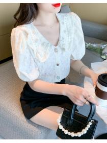 Outlet Short sleeve puff sleeve shirt summer beading chiffon shirt