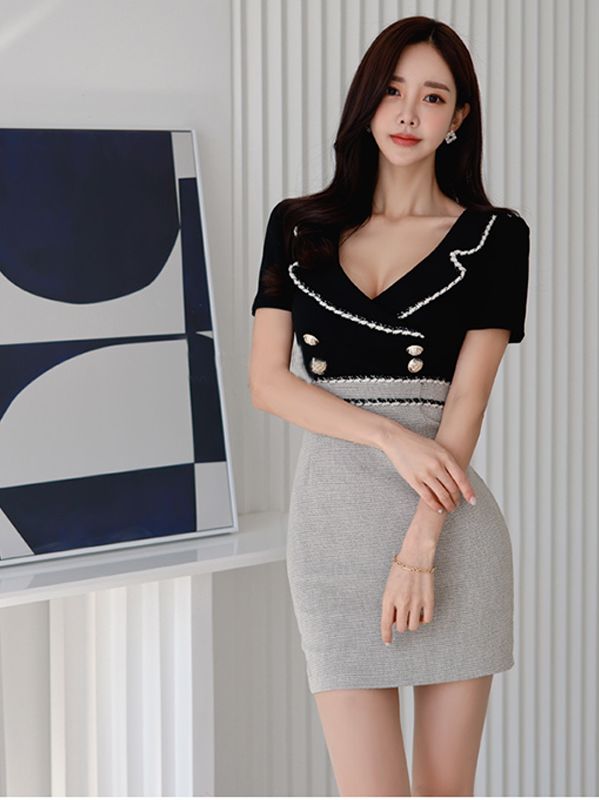 Korean style temperament lapel short-sleeved slim double-breasted stitching fashion hip Dress