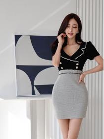 Korean style temperament lapel short-sleeved slim double-breasted stitching fashion hip Dress