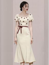 Korean style fashion dress square neck puff sleeve fishtail heavy industry beaded slim  dress