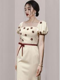 Korean style fashion dress square neck puff sleeve fishtail heavy industry beaded slim  dress