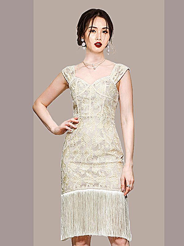 On Sale Temperament romantic fringed elegant lace embroidered high waist suspender Dress
