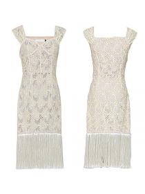 On Sale Temperament romantic fringed elegant lace embroidered high waist suspender Dress