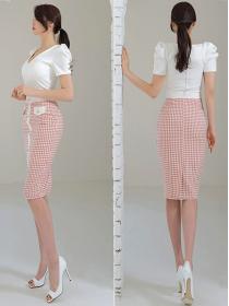 Korean V-Neck Puff Sleeve Short Top Straight-Breasted Plaid Slim Fit Skirt Set