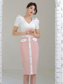 Korean V-Neck Puff Sleeve Short Top Straight-Breasted Plaid Slim Fit Skirt Set