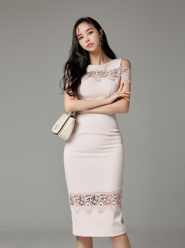 On Sale Gauze Matching Lace Slim Dress