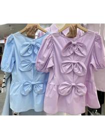 On Sale Bowknot Matching Pure Color Blouse 