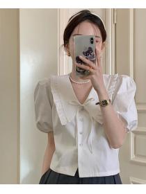 Pleated V-Neck Single Breasted Age-Reducing Puff Sleeve  Cropped Shirt