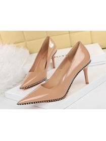 European fashion sexy stiletto high-heeled patent leather shallow mouth pointed metal beads rivet shoes