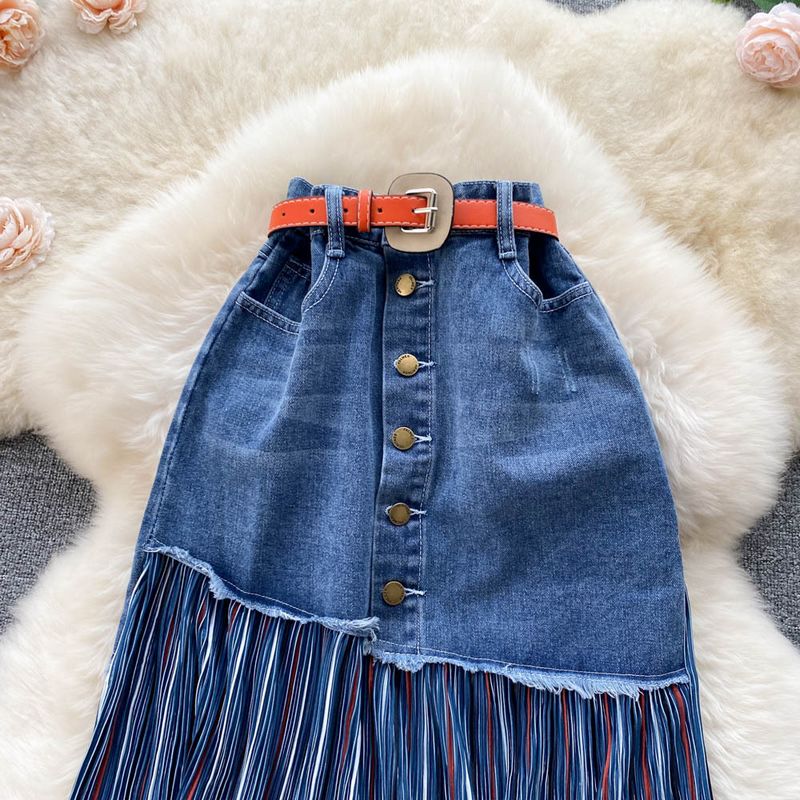 Fashion Matching chiffon pleated stitching denim skirt spring slim irregular mid-length skirt