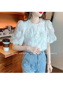 French Vintage Crew Neck Jacquard Casual Lace Top