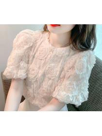 French Vintage Crew Neck Jacquard Casual Lace Top