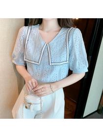 Lace Crew Neck Shirt Doll Collar Stitching Short Sleeve Top